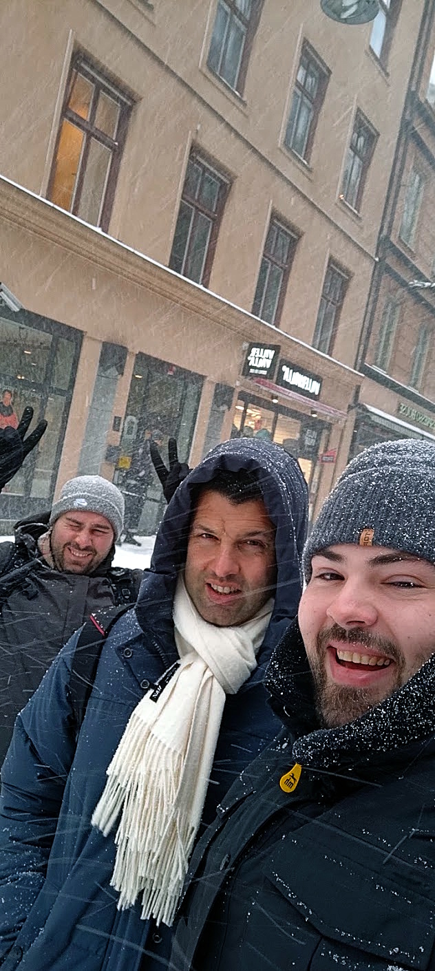 Selfie of 3 people in snowy Stockholm